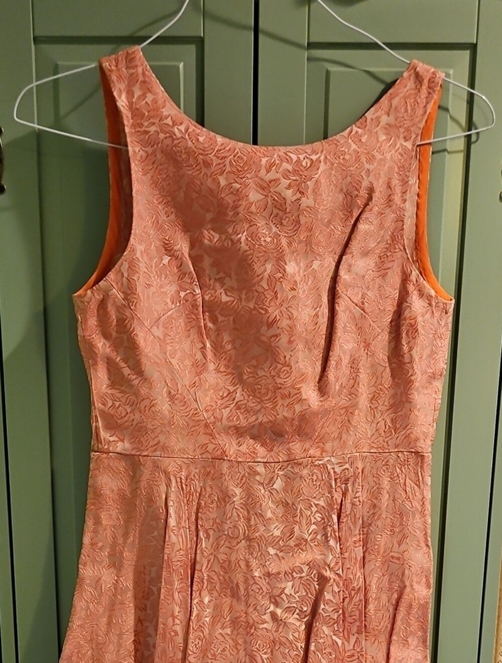 Elegant Coral Brocade Fit & Flare Dress
